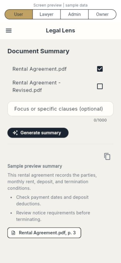 Legal Lens document research interface. Research assistance with source references.