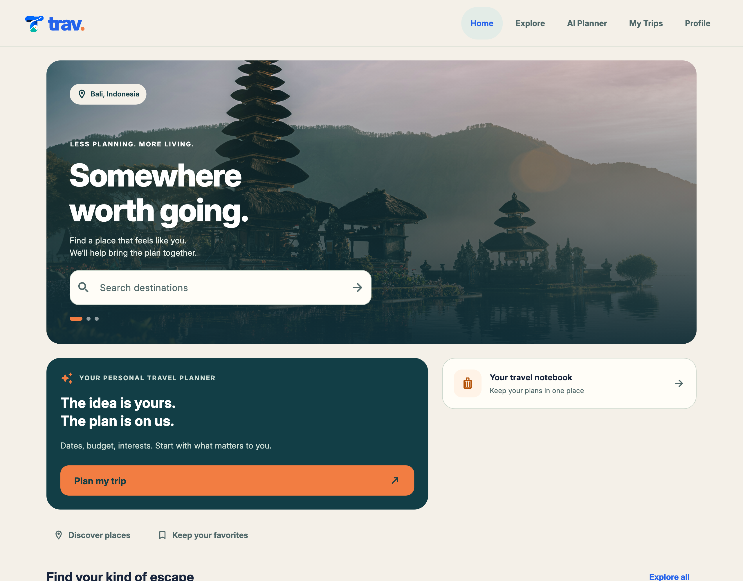 Application home screen showing destination discovery and the trip-planning entry point.